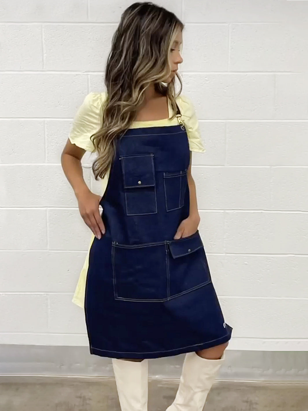 Denim Apron in Green and Gray with Stylish Pockets and More